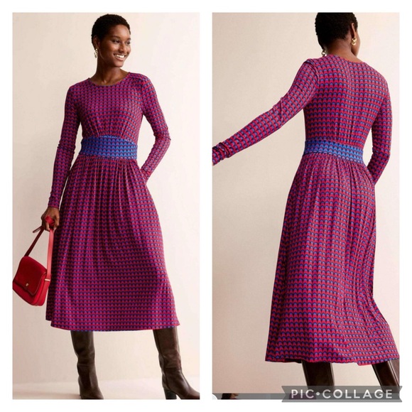 Boden Dresses & Skirts - Boden Thea Brilliant Red Geo Charm Long Seeve Midi Dress with Pockets Size 12